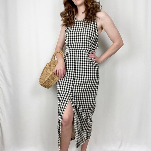 Vintage Gingham Picnic Check Halter Backless Slit Midi Maxi Summer Dress Pockets - Picture 7 of 7